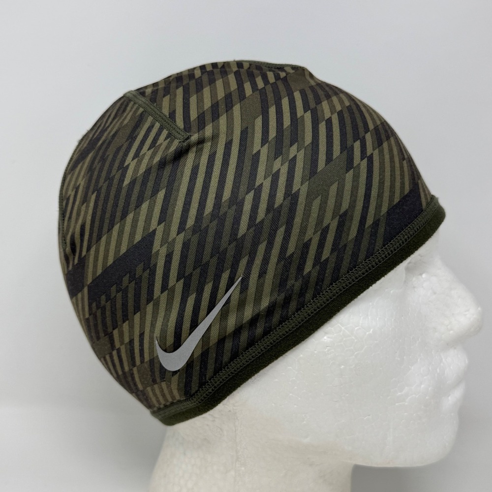 Nike Dri-FIT Terra Uncuffed Beanie Green Geometric Camo Fleece Lined Skull Cap